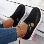 Baskets Femme Respirantes à Enfilage Facile - Chaussures Décontractées Légères avec Semelle en Caoutchouc, Design Noir & Rose, Confortables pour le Port Toute la Journée – Image 3