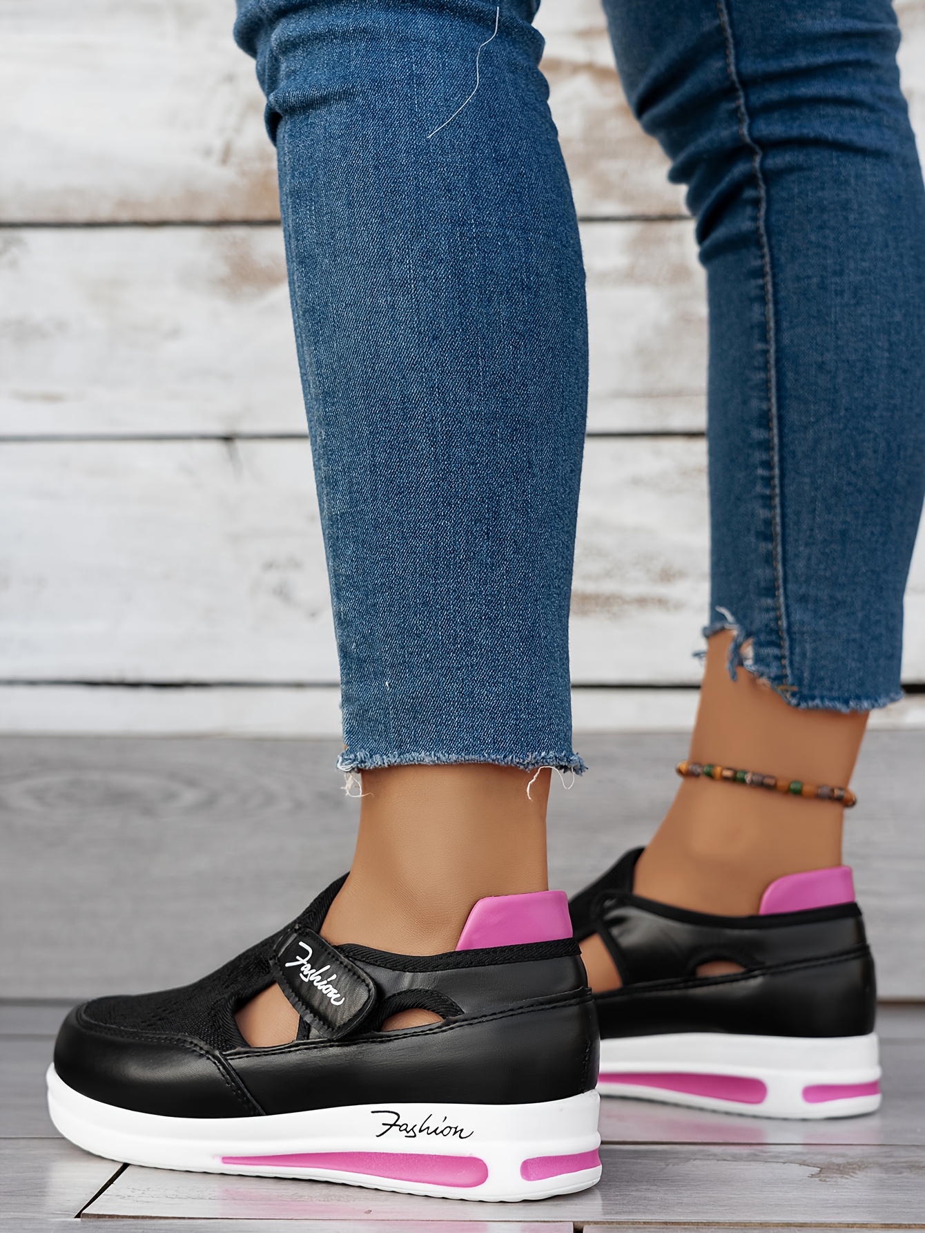 Baskets Femme Respirantes à Enfilage Facile - Chaussures Décontractées Légères avec Semelle en Caoutchouc, Design Noir & Rose, Confortables pour le Port Toute la Journée