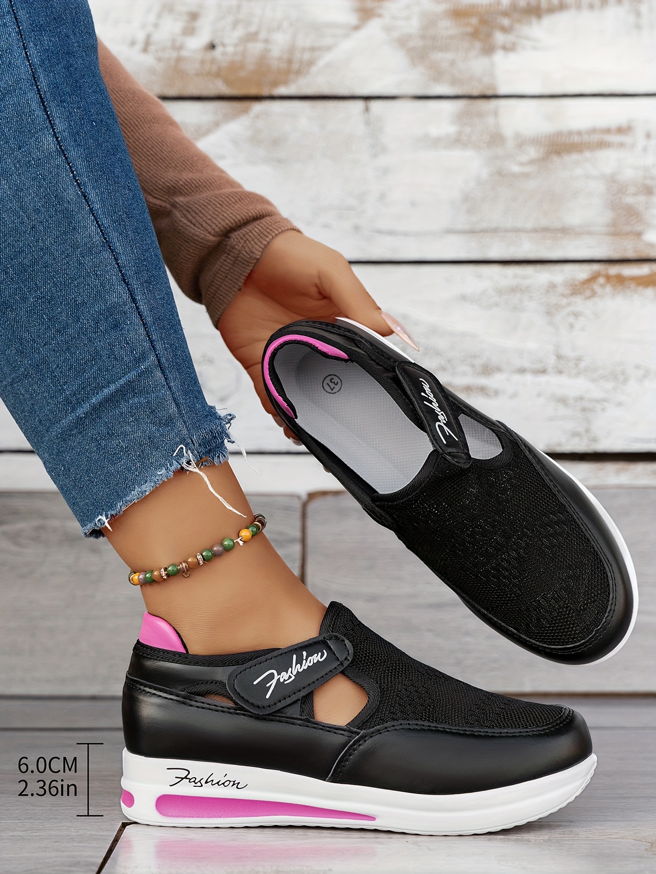 Baskets Femme Respirantes à Enfilage Facile - Chaussures Décontractées Légères avec Semelle en Caoutchouc, Design Noir & Rose, Confortables pour le Port Toute la Journée