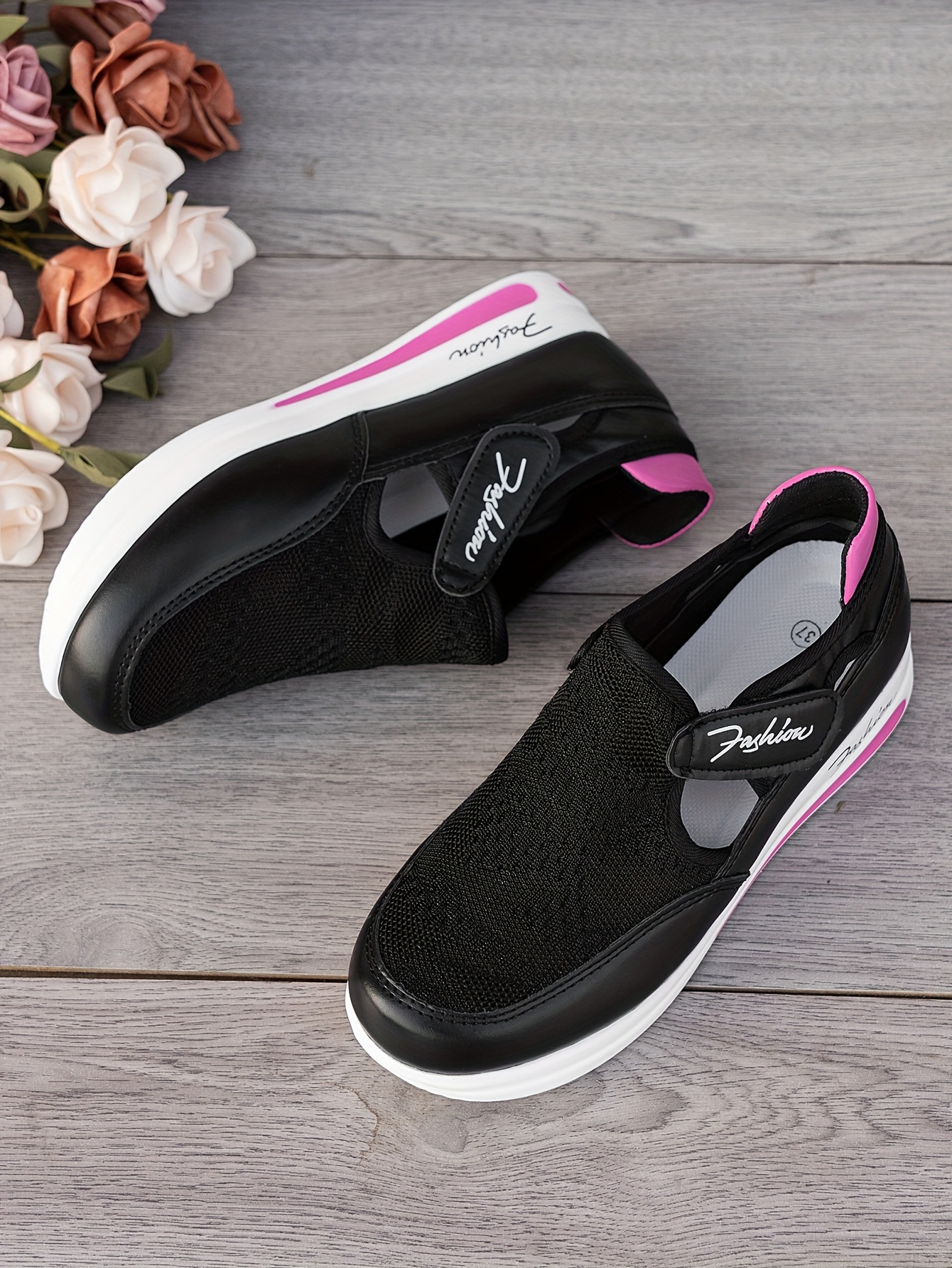 Baskets Femme Respirantes à Enfilage Facile - Chaussures Décontractées Légères avec Semelle en Caoutchouc, Design Noir & Rose, Confortables pour le Port Toute la Journée